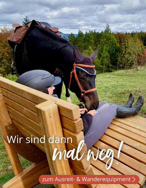 Bild von einem Reiter, der auf einer Bank Pause macht und einem Pferd mit der Aufschrift "Wir sind dann mal weg!"